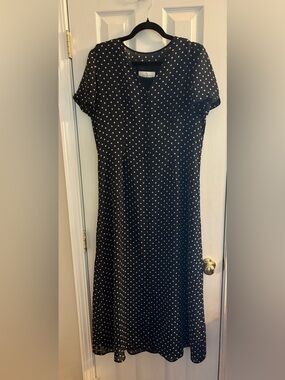 Vintage Liz Claiborne Navy Midi Dress with White Polka Dots